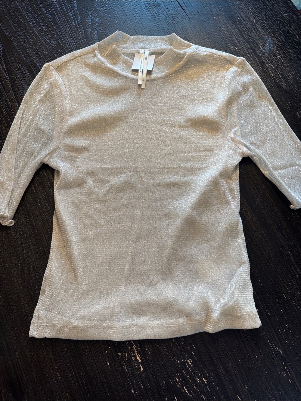 Anthropologie Silver Sparkle Mock Neck 3/4 Sleeve Top